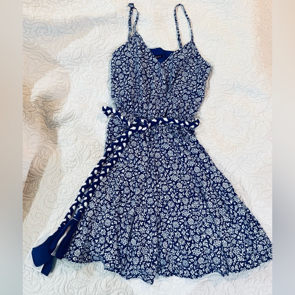 Floral Blue and White Dress with Belt